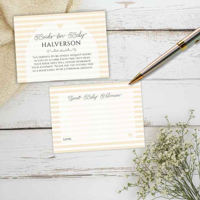 Cartão De Informações Butter Yellow Plaid Baby Shower Book Request (butter yellow and white pastel baby shower books for baby book request card set on white surface)