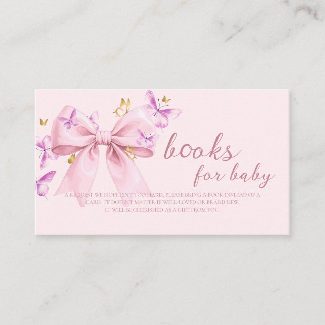Cartão De Informações Butterfly Pink Bow Baby Shower Books for baby  (Frente)
