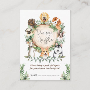 Cartão De Informações Cães bonitos Fralda Raffle Greenery Chá de fraldas