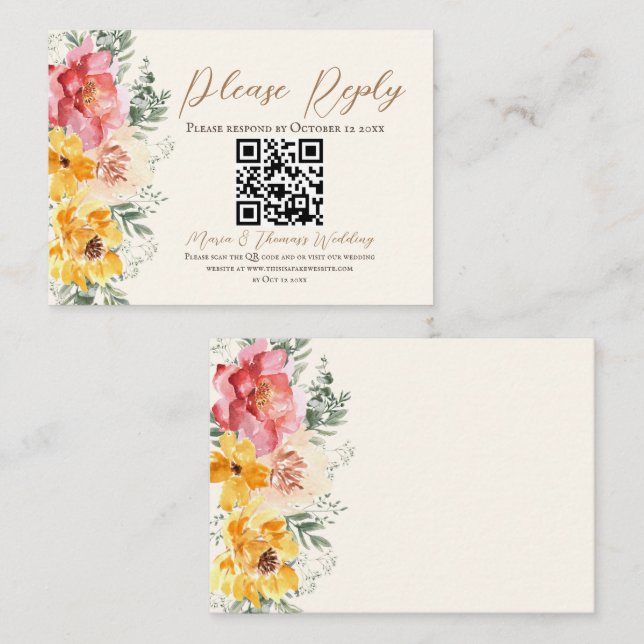 Cartão De Informações Cair do casamento floral Código QR RSVP Enclosure  (Frente/Verso)
