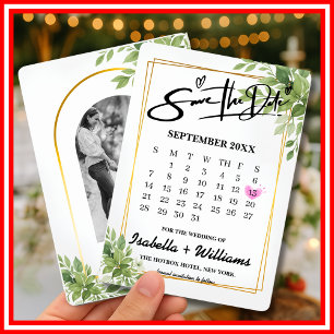 Cartão De Informações Calendário de Verde Salvia Casamento Save The Date