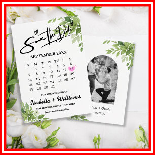 Cartão De Informações Calendário de Verde Salvia Casamento Save The Date
