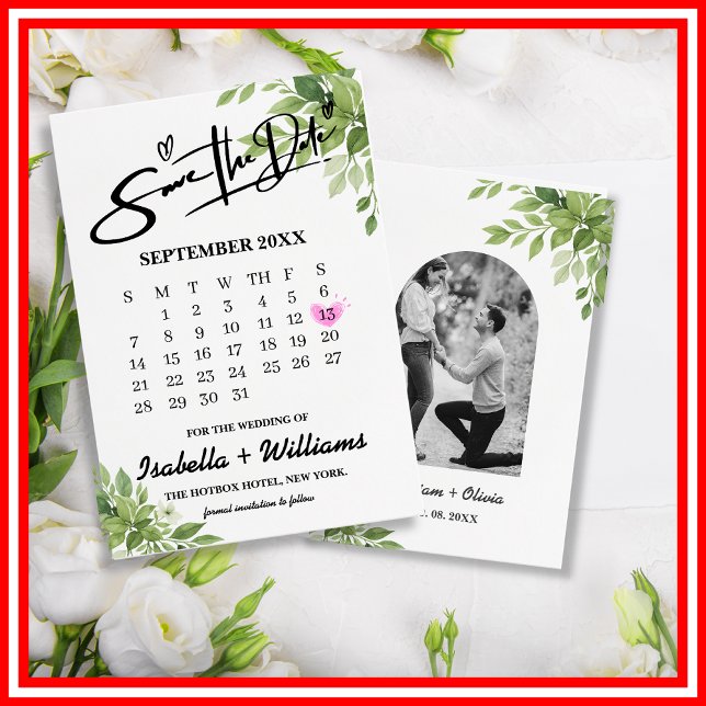 Cartão De Informações Calendário Verde Sage Casamento Salve A Data (Criador carregado)