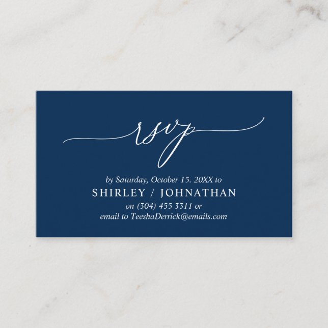 Cartão De Informações Caligrafia Azul Moderna e Simples Marinho, RSVP de (Frente)