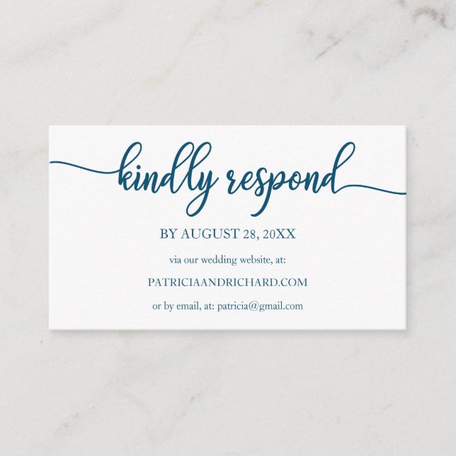 Cartão De Informações Caligrafia Azul no Oceano RSVP Online (Frente)