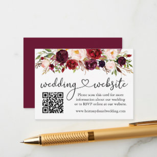 Cartão De Informações Caligrafia Casamento Cardíaco Web QR Burgundy Flor