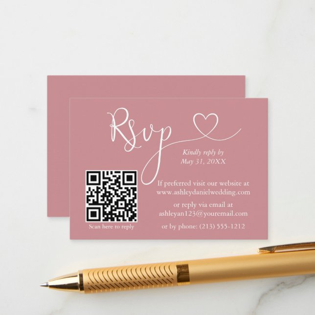 Cartão De Informações Caligrafia Casamento Coração QR RSVP Dusty Rosa (Frente/Verso In Situ)