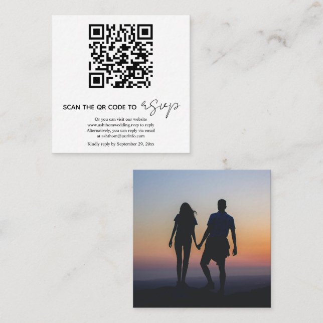 Cartão De Informações caligrafia de código QR casamento de fotos RSVP (Frente/Verso)