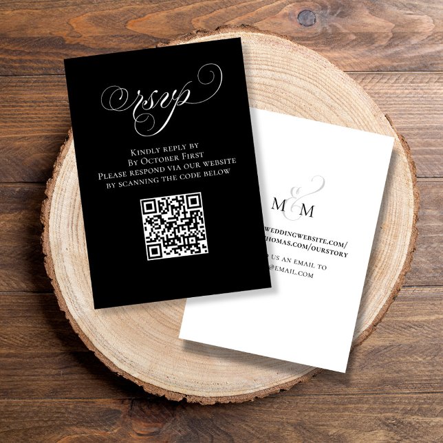 Cartão De Informações Caligrafia de código QR preto e branco RSVP (Elegant RSVP enclosure card with calligraphy script and QR Code. )