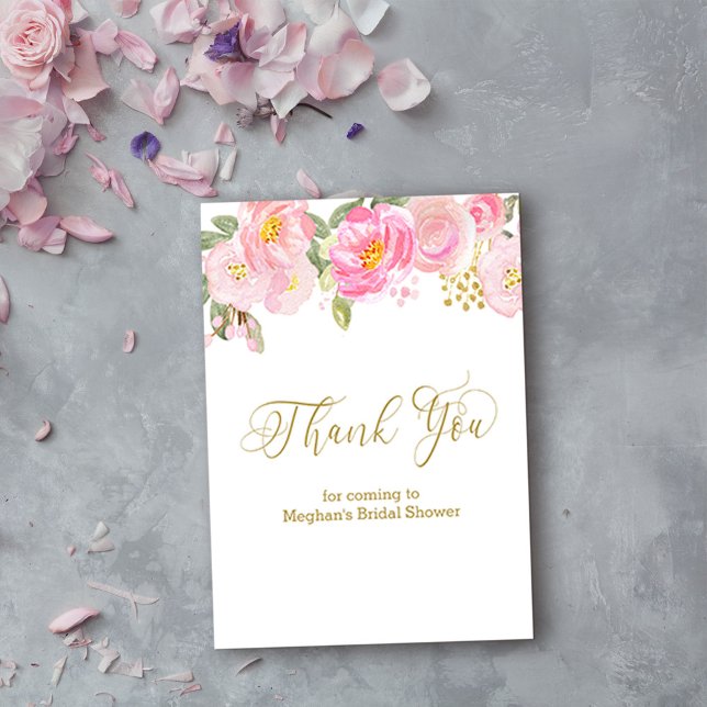 Cartão De Informações Caligrafia Floral Dourada Rosa Obrigado Placa (Elegant thank you card from my Pink and Gold Watercolor Floral Collection)