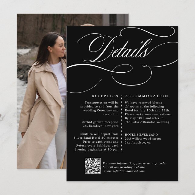 Cartão De Informações Caligrafia moderna atemporal preto e branco casame (Frente/Verso)