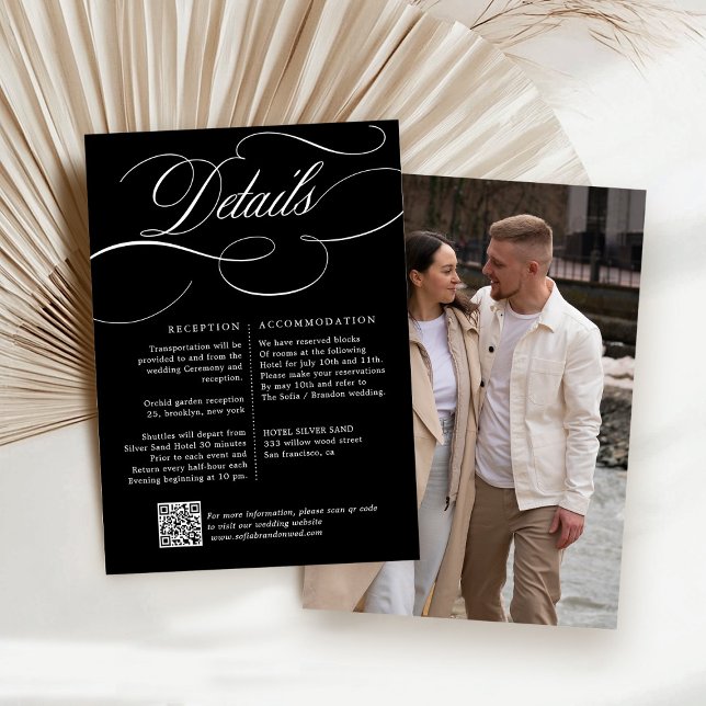 Cartão De Informações Caligrafia moderna atemporal preto e branco casame (Modern calligraphy timeless black and white photo QR code wedding details enclosure card)