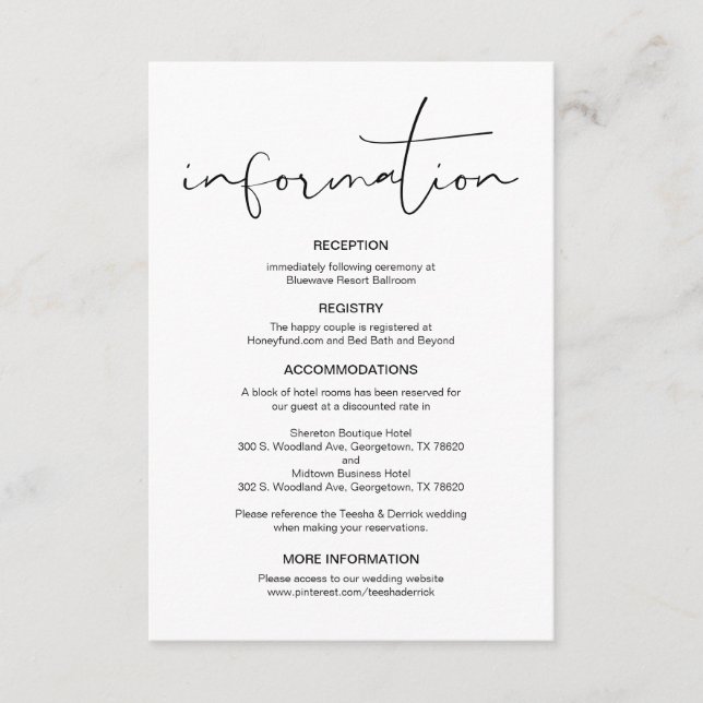 Cartão De Informações Caligrafia Moderna, Detalhes do Casamento, Informa (Frente)