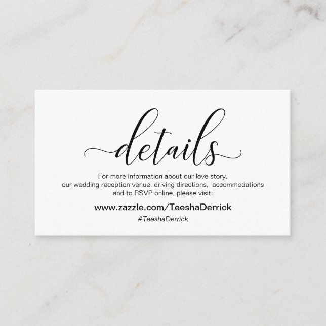 Cartão De Informações Caligrafia preta moderna, detalhes do casamento (Frente)