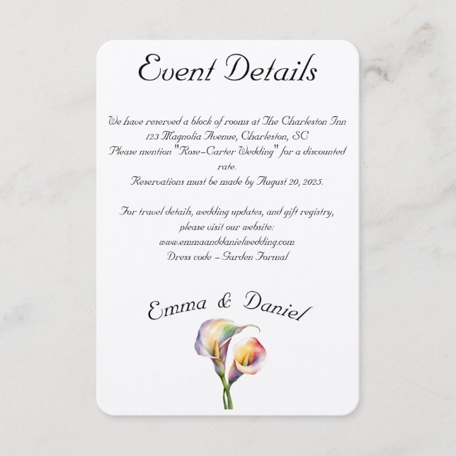 Cartão De Informações Calla Aquarela Elegante Lírios Românticos (Frente)
