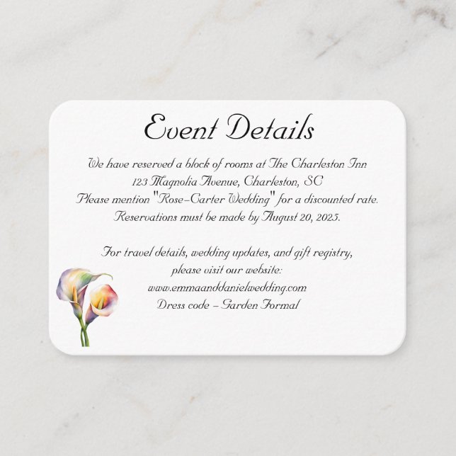 Cartão De Informações Calla Aquarela Elegante Lírios Românticos (Frente)