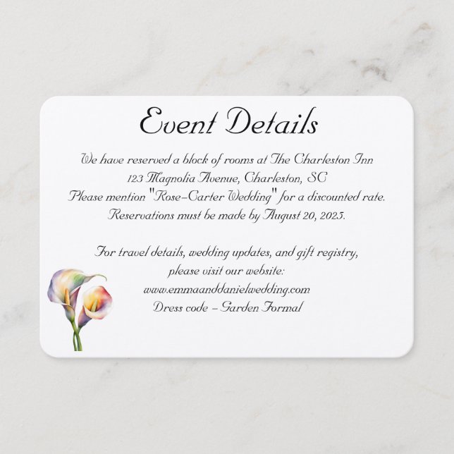 Cartão De Informações Calla Aquarela Elegante Lírios Românticos (Frente)