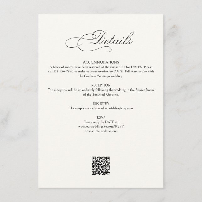 Cartão De Informações Calligraphy Script Details Wedding (Frente)