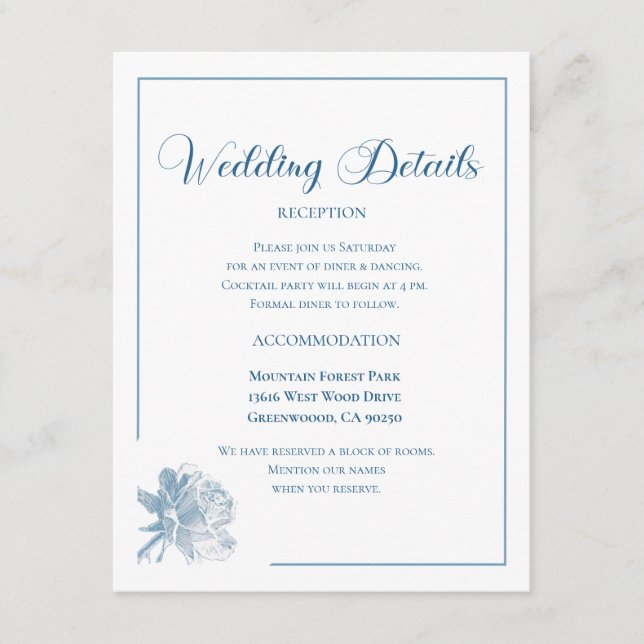 Cartão De Informações Calligraphy Script Dusty Blue Floral Wedding (Frente)