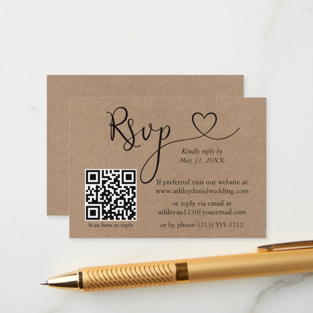 Cartão De Informações Calliografia Heart QR Wedding Kraft RSVP (Frente/Verso In Situ)