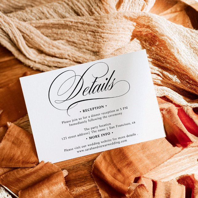 Cartão De Informações Campanha de caligrafia branca negra detalhes do ca (Black white calligraphy chic details wedding enclosure card)