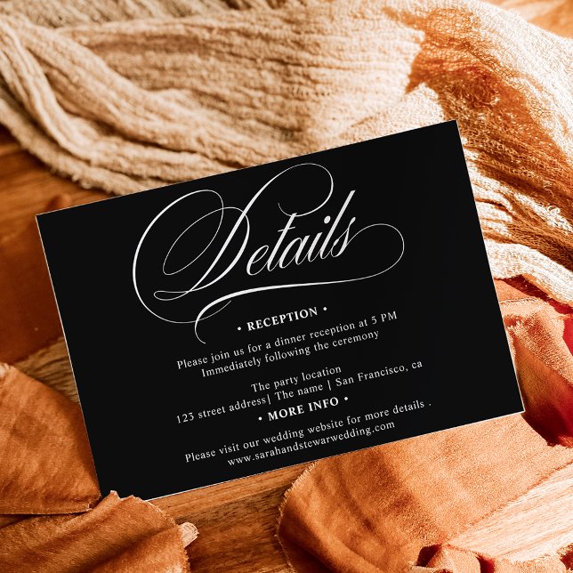 Cartão De Informações Campanha de caligrafia negra branca (White black calligraphy chic details wedding enclosure card)