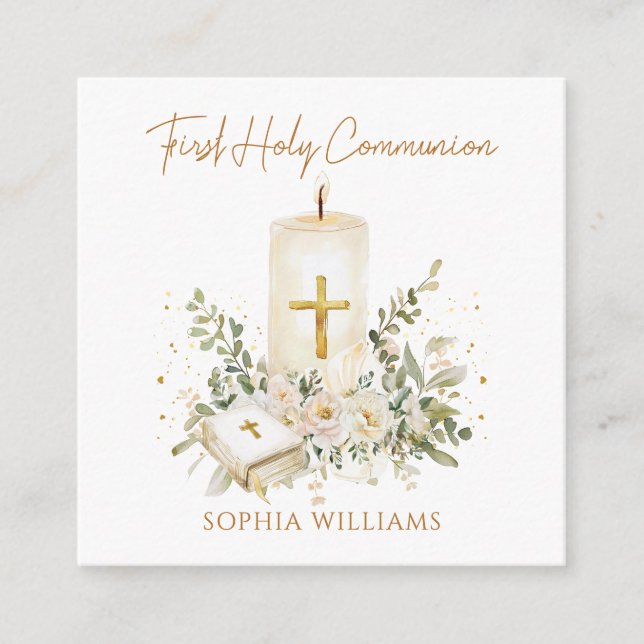 Cartão De Informações Candle Cross Bible Greenery First Holy Communion  (Frente)
