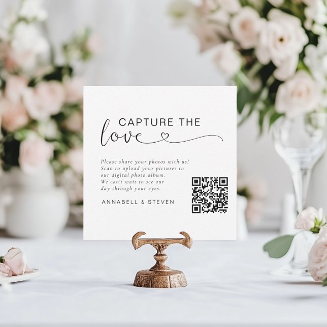Cartão De Informações Capture o amor! Código QR Personalizado de Casamen (Capture the love! Photo, QR-Code, Wedding Table Card, White.)