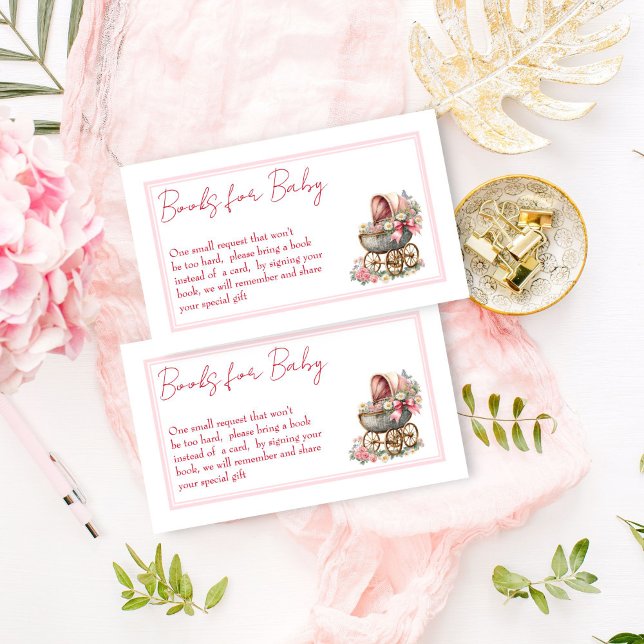 Cartão De Informações Carrinho antigo com flores livros pedido (Vintage carriage stroller with flowers pink bow baby shower books request enclosure card)