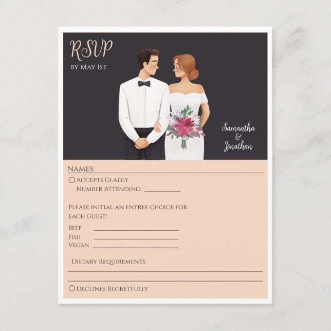 Cartão De Informações Cartoon Casal Modern Wedn RSVP Card (Frente)