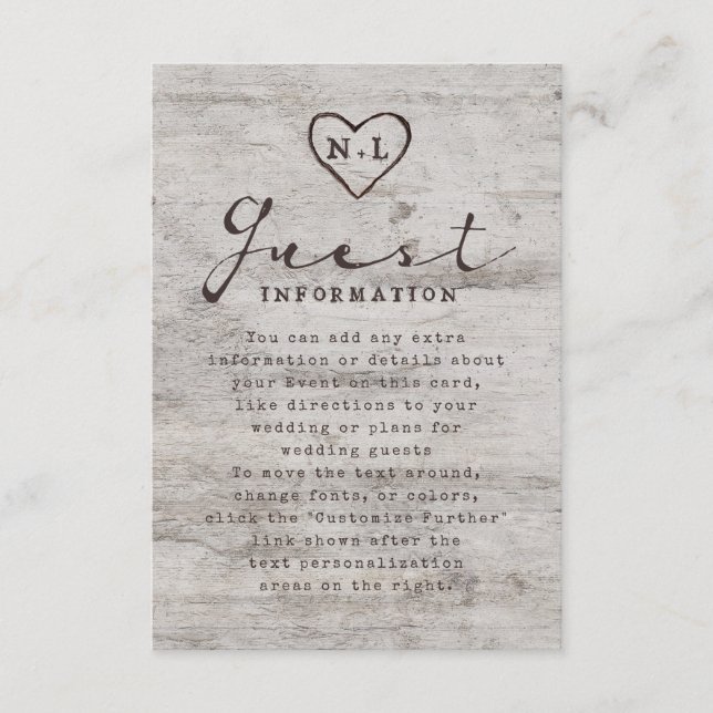 Cartão De Informações Carved Sweethearts Rustic Tree Wedinformation (Frente)