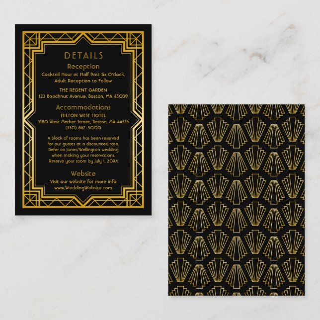 Cartão De Informações Casamento Antigo Elegante Art Déco Preto Dourado E (Frente/Verso)