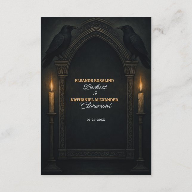 Cartão De Informações Casamento Arco de Velas com Corvo Gótico (Frente)