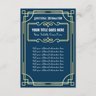 Cartão De Informações Casamento Art Déco Dourado Azul Informações Adicio