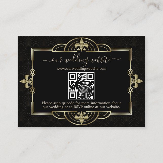 Cartão De Informações Casamento Arte Deco QR Code Dourado Preto (Frente)