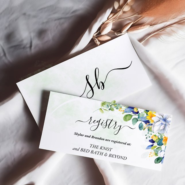 Cartão De Informações Casamento azul-branco floral elegante (Criador carregado)