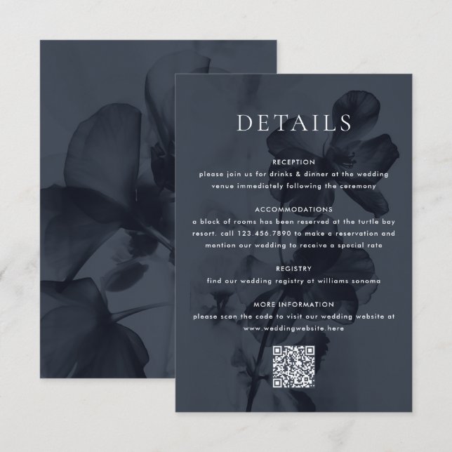 Cartão De Informações Casamento Azul Da Sobreposição Botânica Escura (Frente/Verso)