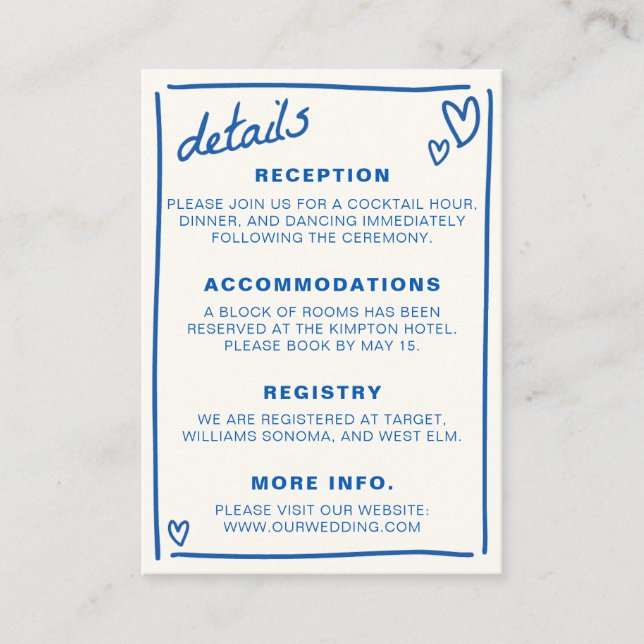 Cartão De Informações Casamento Azul Desenhado Junto (Frente)