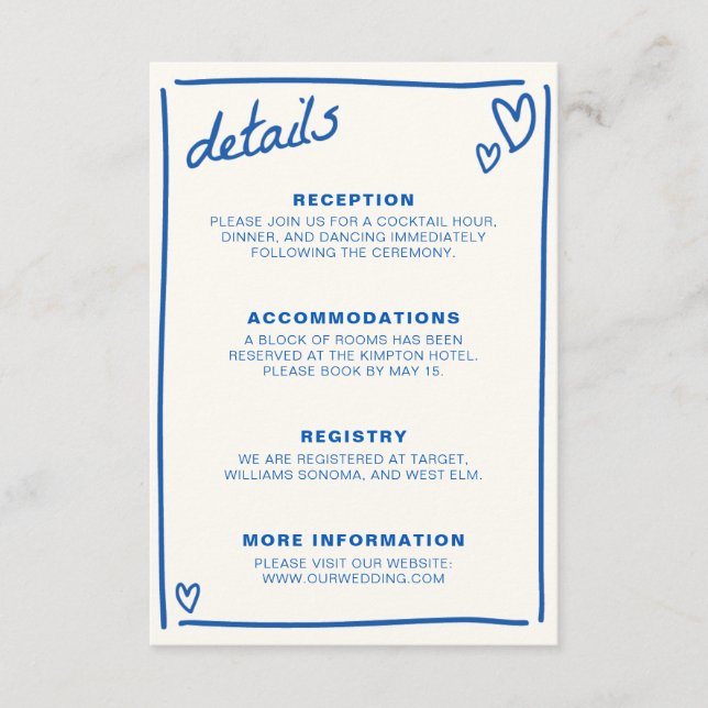 Cartão De Informações Casamento Azul Desenhado Junto (Frente)