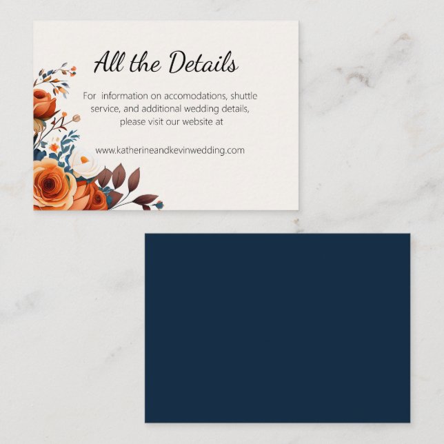 Cartão De Informações Casamento Azul e Laranja do Marinho Elegante (Frente/Verso)