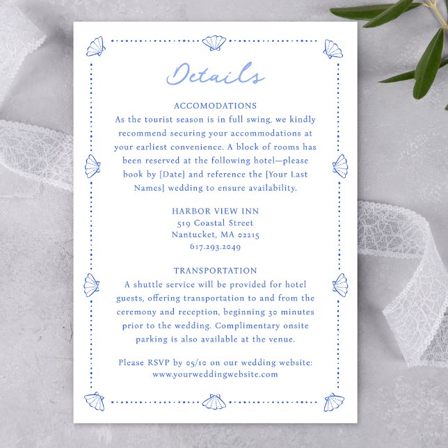 Cartão De Informações Casamento Azul Elegante Fronteira Chic Costeira (Seamlessly guide your guests with this chic nautical details card—coordinating perfectly.)