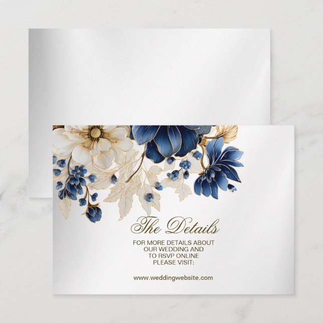 Cartão De Informações Casamento Azul Marinho Branco Dourado Floral Prata (Frente/Verso)