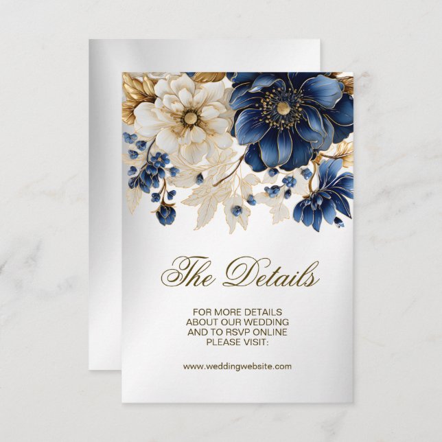 Cartão De Informações Casamento Azul Marinho Branco Dourado Floral Prata (Frente/Verso)