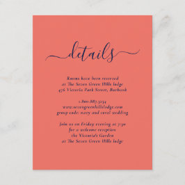 Cartão De Informações Casamento Azul Naval e Coral Moderno