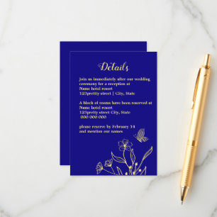Cartão De Informações Casamento azul-real com flor de ouro elegante e ro