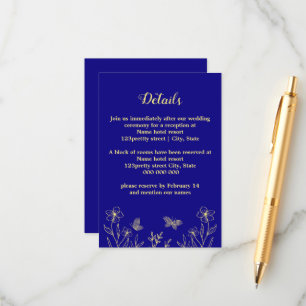 Cartão De Informações Casamento azul-real com flor de ouro elegante e ro