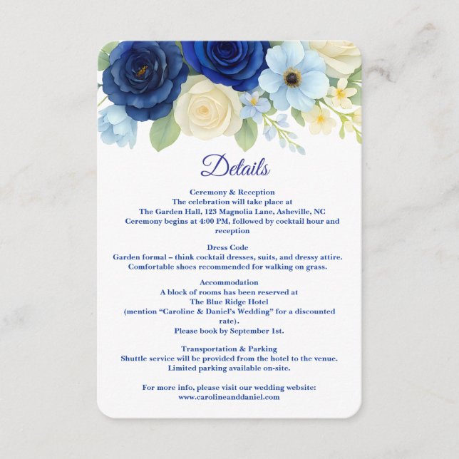 Cartão De Informações Casamento Azul Royal Água Marinha Flores de Água I (Frente)