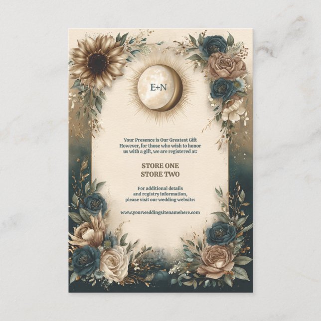 Cartão De Informações Casamento Boho Floral Rústico Sol Lua Celestial (Frente)