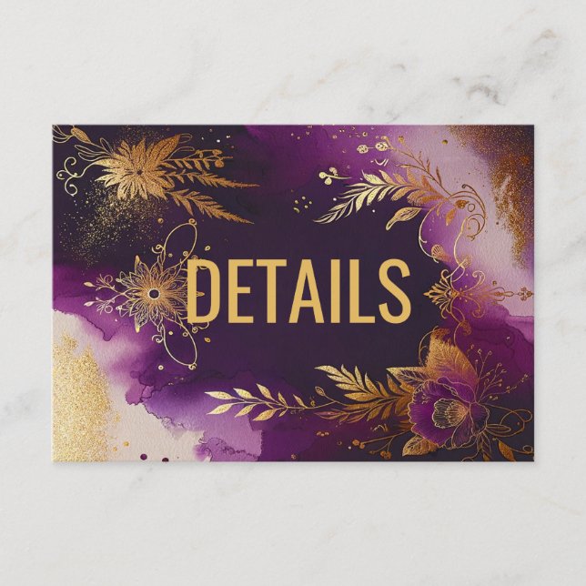 Cartão De Informações Casamento bonito com Púrpura e Dourado Floral (Frente)