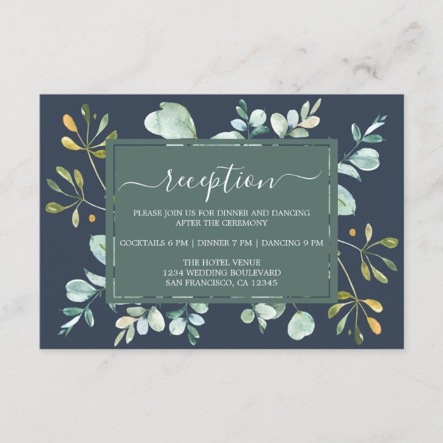 Cartão De Informações Casamento Botânico Azul-Marinho Foliage Eucalyptus (Frente)